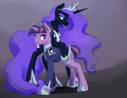 Size: 3300x2550 | Tagged: safe, artist:silfoe, nightmare moon, twilight sparkle, unicorn twilight, alicorn, pony, unicorn, alternate hairstyle, alternate timeline, alternate universe, clothes, crown, ethereal mane, fangs, female, jewelry, lesbian, moonsetmlp, night maid twilight, nightmare takeover timeline, regalia, shipping, short tail, slit eyes, starry mane, twimoon, uniform