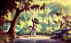 Size: 3000x1800 | Tagged: safe, artist:freeedon, color edit, oc, oc only, oc:minty kitty, butterfly, pegasus, pony, backlighting, colored, crepuscular rays, forest, grass, lake, reflection, rock, scenery, smiling, solo