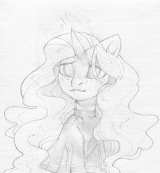 Size: 1111x1195 | Tagged: safe, artist:share dast, oc, oc only, pony, unicorn, clothes, female, mare, monochrome, pencil drawing, solo, sweater, traditional art