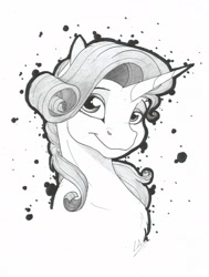 Size: 2382x3146 | Tagged: safe, artist:lupiarts, rarity, pony, unicorn, female, grayscale, looking at you, mare, monochrome, smiling, solo, traditional art