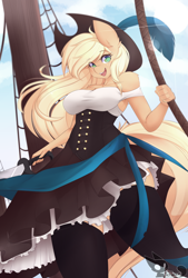 Size: 900x1333 | Tagged: safe, artist:teranen, applejack, anthro, earth pony, breasts, clothes, colored pupils, female, hat, looking at you, mare, pirate, sexy, ship, smiling, solo, stockings, stupid sexy applejack, sword, thigh highs, thighs, weapon