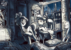 Size: 3508x2480 | Tagged: safe, artist:jowyb, coco pommel, suri polomare, rarity takes manehattan, bucktooth, interior, messy, monochrome, scene interpretation, sewing, sewing machine, window, working