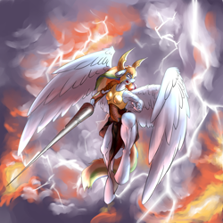 Size: 1680x1680 | Tagged: safe, artist:foxwhee, commander hurricane, rainbow dash, anthro, unguligrade anthro, armor, breastplate, breasts, cloud, female, flying, helmet, lance, large wings, lightning, open mouth, scar, serious, serious face, solo, weapon