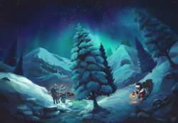 Size: 2500x1736 | Tagged: safe, artist:nemo2d, oc, oc only, oc:summer ray, hippogriff, pony, fanfic:through the aurora, aurora borealis, fanfic art, lantern, mountain, night, north pole, scenery, scenery porn, snow, stars, tree