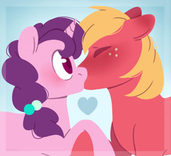 Size: 2979x2732 | Tagged: safe, artist:djkaskan, big macintosh, sugar belle, pony, hard to say anything, cute, heart, kissing, male, shipping, straight, sugarmac, that was fast