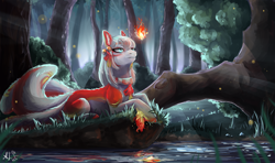 Size: 2700x1600 | Tagged: safe, artist:alina-sherl, oc, oc only, fox, fox pony, hybrid, pony, back fluff, bell, blue eyes, chest fluff, collar, colored pupils, crepuscular rays, ear fluff, female, fire, fluffy, forest, grass, grin, kitsune, kitsune pony, leg fluff, lidded eyes, looking at something, looking up, mare, multicolored tail, multiple tails, nature, prone, ribbon, river, roots, scenery, shoulder fluff, slit eyes, smiling, solo, tail fluff, tree, unshorn fetlocks, water, wisp