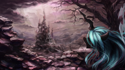 Size: 1762x991 | Tagged: safe, artist:inowiseei, queen chrysalis, changeling, changeling queen, to where and back again, antagonist, changeling hive, changeling kingdom, changeling lady, crying, female, former queen chrysalis, genius loci, open mouth, rain, sad, scenery, solo, villainess