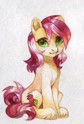Size: 979x1443 | Tagged: safe, artist:share dast, roseluck, earth pony, pony, blushing, bust, cute, female, looking at you, mare, portrait, simple background, sitting, solo, traditional art, unshorn fetlocks, watercolor painting, white background