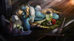 Size: 1920x1080 | Tagged: safe, artist:apostolllll, oc, oc only, firefly (insect), pegasus, pony, unicorn, campfire, chest, commission, crepuscular rays, cuddling, female, flower, lantern, looking at you, lying down, male, mare, oc x oc, on back, prone, rose, shield, shipping, stallion, straight, sword, unshorn fetlocks, weapon
