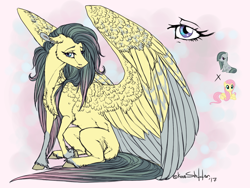 Size: 800x600 | Tagged: safe, artist:dementra369, fluttershy, marble pie, oc, pegasus, pony, abstract background, female, fusion, large wings, mare, sitting, wings