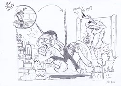 Size: 3342x2378 | Tagged: safe, artist:jowyb, princess celestia, princess luna, twilight sparkle, twilight sparkle (alicorn), alicorn, pony, annoyed, bathrobe, bed mane, cake, cakelestia, clothes, female, lineart, mare, monochrome, robe