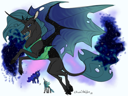 Size: 800x600 | Tagged: safe, artist:dementra369, princess luna, queen chrysalis, oc, changeling, changeling queen, female, forked tongue, fusion, large wings, simple background, teeth, wings