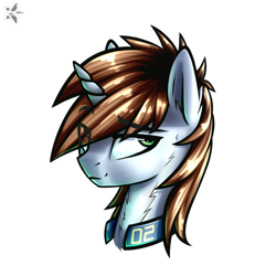 Size: 1000x1000 | Tagged: safe, artist:starfall-spark, oc, oc only, oc:littlepip, pony, unicorn, fallout equestria, bust, clothes, fanfic, fanfic art, female, horn, mare, portrait, simple background, smiling, solo, transparent background, vault suit