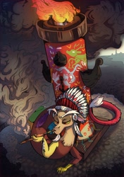 Size: 1522x2160 | Tagged: safe, artist:locksto, discord, draconequus, fire, headdress, indian, male, native american, pipe, smoke, smoking, solo, totem