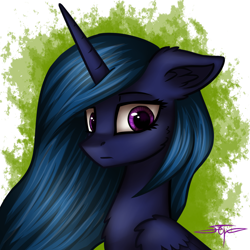 Size: 1000x1000 | Tagged: safe, artist:setharu, oc, oc only, oc:lacunae, alicorn, pony, fallout equestria, fallout equestria: project horizons, abstract background, alicorn oc, artificial alicorn, bust, fanfic, fanfic art, female, horn, mare, portrait, purple alicorn (fo:e), solo, wings