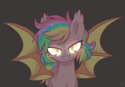 Size: 4300x3000 | Tagged: safe, artist:hawthornss, oc, oc only, oc:paper stars, bat pony, pony, absurd resolution, bedroom eyes, black background, cute, cute little fangs, ear fluff, fangs, female, glowing eyes, grin, looking at you, mare, simple background, smiling, solo, spread wings, wings