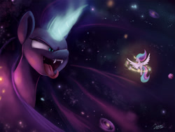 Size: 1759x1327 | Tagged: safe, artist:insanerobocat, nightmare moon, princess celestia, alicorn, pony, duo, elements of harmony, ethereal mane, fangs, female, fight, galaxy, galaxy mane, giant pony, glowing horn, macro, magic, mare, open mouth, pony bigger than a galaxy, sisters, size difference, smiling, spread wings, stars, wings