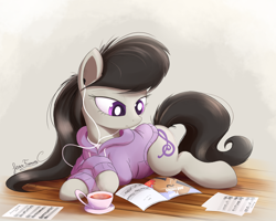 Size: 2250x1800 | Tagged: safe, artist:bugplayer, octavia melody, earth pony, pony, clothes, colored pupils, crossed hooves, cup, earbuds, female, food, hoodie, magazine, mare, paper, prone, reading, solo, sweater, tea, teacup