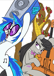 Size: 621x877 | Tagged: safe, artist:jowyb, dj pon-3, octavia melody, vinyl scratch, earth pony, hydra, pony, unicorn, angry, cello, multiple heads, musical instrument, octavia is not amused, speaker, unamused, wip, wub