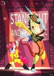 Size: 2480x3508 | Tagged: safe, artist:jowyb, discord, pinkie pie, pony, a goofy movie, bipedal, clothes, crossover, hat, michael jackson, power line