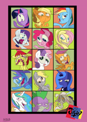 Size: 2480x3508 | Tagged: safe, artist:jowyb, apple bloom, applejack, derpy hooves, discord, fluttershy, pinkie pie, princess celestia, princess luna, rainbow dash, rarity, scootaloo, spike, sweetie belle, trixie, twilight sparkle, alicorn, dragon, earth pony, pegasus, pony, unicorn, .mov, cutie mark crusaders, derp, female, mane seven, mane six, mare, s1 luna