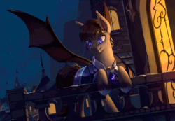 Size: 780x539 | Tagged: safe, artist:rodrigues404, oc, oc only, oc:midnight tales, bat pony, pony, animated, armor, balcony, castle, cinemagraph, commission, fangs, gif, large wings, lightning, looking down, male, night guard, slit eyes, solo, spread wings, stallion, wings