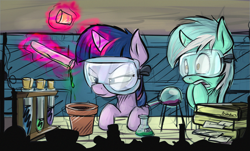 Size: 2631x1589 | Tagged: safe, artist:breakdream, lyra heartstrings, twilight sparkle, pony, unicorn, celestial advice, chemistry, duo, female, filly, filly lyra, filly twilight sparkle, goggles, lab, potion, safety goggles, test tube, younger