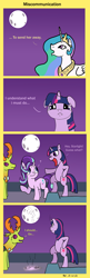 Size: 650x2000 | Tagged: safe, artist:mrquartz, princess celestia, starlight glimmer, thorax, twilight sparkle, twilight sparkle (alicorn), alicorn, changedling, changeling, pony, celestial advice, bipedal, comic, floppy ears, king thorax, miscommunication, moon, speech bubble, to the moon