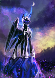 Size: 966x1367 | Tagged: safe, artist:elkaart, nightmare moon, princess luna, alicorn, pony, armor, moon, night, night sky, sky, solo