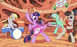 Size: 3508x2152 | Tagged: safe, artist:jowyb, derpy hooves, lyra heartstrings, octavia melody, twilight sparkle, twilight sparkle (alicorn), alicorn, earth pony, pony, band, bipedal, drums, female, gitaroo man, golden oaks library, guitar, keyboard, mare, musical instrument, open mouth, rehearsal, rock band