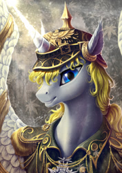 Size: 1024x1448 | Tagged: safe, artist:begasus, oc, oc only, alicorn, pony, alicorn oc, blue eyes, clothes, commission, female, glowing horn, helmet, looking at you, magic, mare, pickelhaube, smiling, uniform