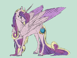 Size: 800x600 | Tagged: safe, artist:dementra369, princess cadance, alicorn, pony, chest fluff, curved horn, female, large wings, looking back, mare, raised hoof, simple background, smiling, solo, unshorn fetlocks, wings