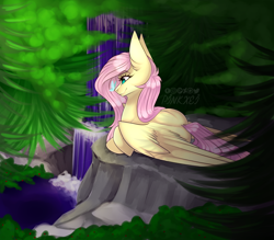 Size: 1280x1120 | Tagged: safe, artist:pinkxei, fluttershy, butterfly, pegasus, pony, female, forest, mare, prone, scenery, signature, smiling, solo, tree, waterfall