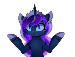 Size: 2050x1558 | Tagged: safe, artist:magnaluna, princess luna, alicorn, pony, :t, chest fluff, colored pupils, crown, ear fluff, female, floppy ears, galaxy mane, horn, jewelry, leg fluff, looking at you, mare, regalia, shrug, simple background, solo, transparent background