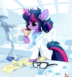 Size: 920x982 | Tagged: safe, artist:tomatocoup, sci-twi, twilight sparkle, unicorn twilight, pony, unicorn, equestria girls, bandage, bipedal, bipedal leaning, caffeine, chemistry, clothes, coffee, cup, cute, drinking, ear fluff, equestria girls ponified, female, glasses, glasses off, glowing horn, lab coat, laboratory, leaning, licking, magic, mare, messy mane, molecule, ponified, ponified humanized pony, smoke, solo, telekinesis, tongue out, transformation, twiabetes, unicorn sci-twi