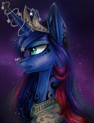 Size: 532x700 | Tagged: safe, artist:enjal, princess luna, alicorn, pony, alternate design, bust, female, horn jewelry, jewelry, mare, regalia, solo, starry backdrop, swirly markings, tattoo