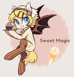 Size: 3312x3436 | Tagged: safe, artist:hawthornss, oc, oc only, oc:sweet magic, bat pony, pony, choker, clothes, cupcake, cute, cute little fangs, ear fluff, fangs, food, hairpin, looking at you, socks, solo, striped socks