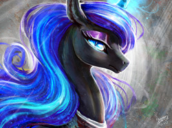 Size: 1890x1417 | Tagged: safe, artist:begasus, nightmare moon, alicorn, pony, beautiful, eyeshadow, female, glowing horn, lidded eyes, looking at you, makeup, mare, missing accessory, signature, solo