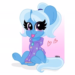 Size: 2048x2048 | Tagged: safe, artist:kittyrosie, trixie, pony, unicorn, :p, abstract background, alternate hairstyle, babysitter trixie, clothes, cute, diatrixes, female, gameloft interpretation, heart, high res, hoodie, looking at you, mare, pigtails, sitting, solo, tongue out