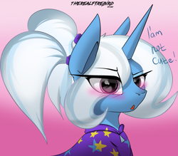 Size: 2245x1967 | Tagged: safe, artist:therealf1rebird, trixie, pony, unicorn, alternate hairstyle, babysitter trixie, blatant lies, blushing, bust, cloak, clothes, cute, diatrixes, ears, eye, eyes, female, gameloft, gameloft interpretation, horn, i'm not cute, mane, mare, mouth, pigtails, portrait, solo, stars
