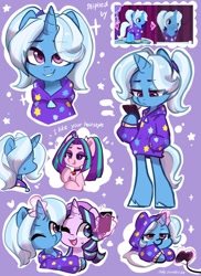 Size: 1280x1760 | Tagged: safe, artist:colorfulcolor233, aria blaze, starlight glimmer, trixie, pony, semi-anthro, unicorn, alternate hairstyle, babysitter trixie, cellphone, clothes, controller, cute, diatrixes, equestria girls ponified, female, gameloft, gameloft interpretation, heart, hoodie, hug, joystick, magic, mare, oversized clothes, oversized shirt, phone, pigtails, ponified, purple background, shirt, simple background, stars, telekinesis, twintails