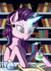 Size: 2221x3108 | Tagged: safe, artist:lightly-san, starlight glimmer, pony, unicorn, book, chemistry, female, focus, glowing horn, goggles, mare, potion, safety goggles, smiling, solo, tongue out