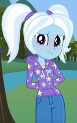 Size: 809x1294 | Tagged: safe, artist:grapefruitface1, artist:limedreaming, trixie, equestria girls, alternate hairstyle, arm behind back, babysitter trixie, blushing, clothes, cute, daaaaaaaaaaaw, diatrixes, female, gameloft, gameloft interpretation, hoodie, looking at you, outdoors, pigtails, smiling, solo, twintails