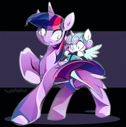 Size: 1600x1618 | Tagged: safe, artist:tyuubatu, princess flurry heart, twilight sparkle, twilight sparkle (alicorn), alicorn, pony, a flurry of emotions, ponies riding ponies, riding, tail pull