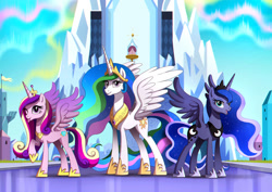 Size: 1240x877 | Tagged: safe, artist:ruhje, princess cadance, princess celestia, princess luna, alicorn, pony, alicorn triarchy, commission, crown, crystal empire, eyeshadow, female, jewelry, makeup, mare, one eye closed, open mouth, regalia, royal sisters, smiling, tongue out, trio, wink