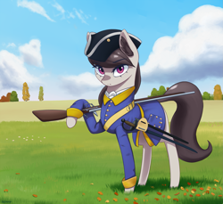 Size: 2111x1936 | Tagged: safe, artist:mrscroup, octavia melody, earth pony, pony, bayonet, caroleans, clothes, female, gun, hat, looking at you, mare, musket, scenery, solo, swedish, sword, tricorne, uniform, weapon