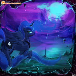 Size: 750x750 | Tagged: safe, artist:lumineko, princess luna, alicorn, pony, dream, dream walker luna, ethereal mane, female, flowing mane, flowing tail, flying, looking back, mare, moonbutt, patreon, patreon logo, rear view, scenery, solo, stupid sexy luna