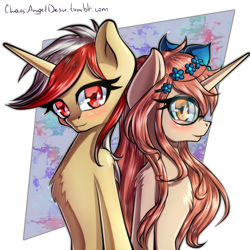 Size: 2000x2000 | Tagged: safe, artist:chaosangeldesu, oc, oc only, oc:alscenia greymane, oc:missklang, pony, unicorn, abstract background, blushing, bust, couple, female, flower, flower in hair, glasses, male, portrait, straight