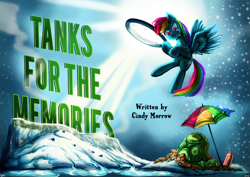 Size: 1328x940 | Tagged: safe, artist:jowyb, rainbow dash, tank, pegasus, pony, tortoise, turtle, tanks for the memories, crying, do i look angry, female, flying, ice, magnifying glass, mare, snow, snowfall, title card