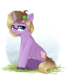 Size: 1139x1307 | Tagged: safe, artist:kaylemi, oc, oc only, oc:dungeon toaster, frog, pony, unicorn, chest fluff, ear fluff, female, glasses, grass, mare, sitting, solo, unshorn fetlocks